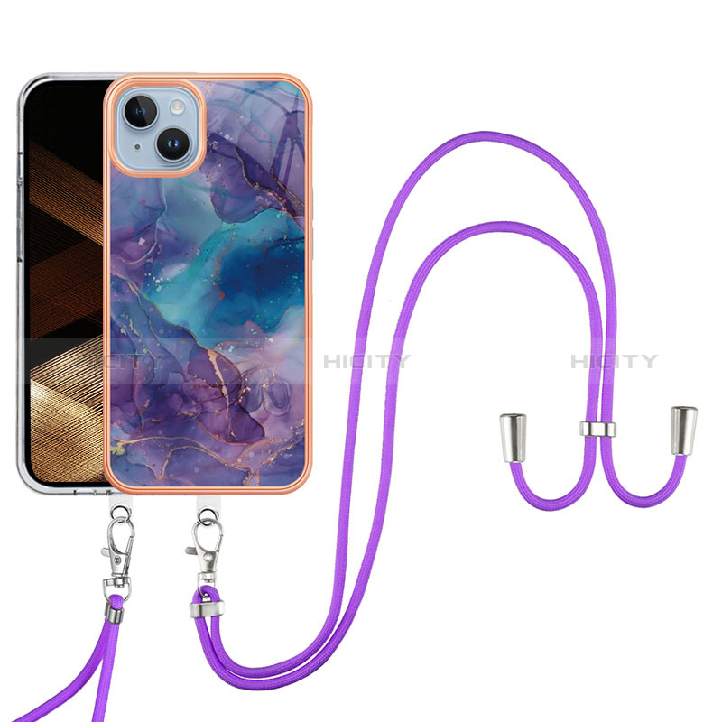 Custodia Silicone Gel Morbida Fantasia Modello Cover con Cinghia Cordino Mano Y07B per Apple iPhone 15 Plus Viola