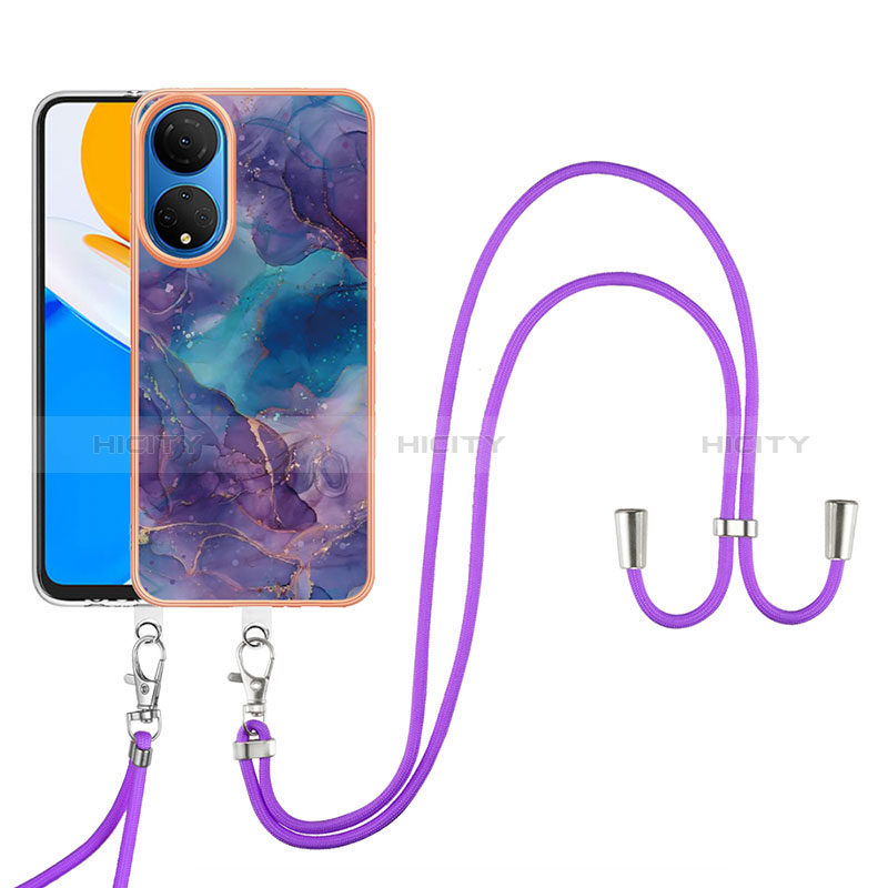 Custodia Silicone Gel Morbida Fantasia Modello Cover con Cinghia Cordino Mano Y07B per Huawei Honor X7 Viola