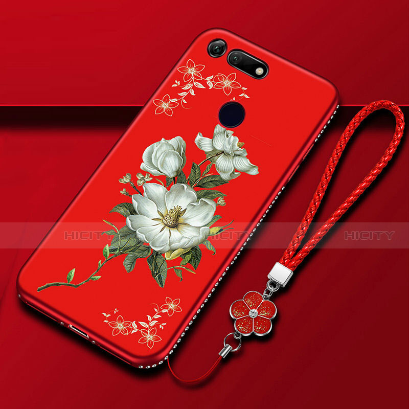 Custodia Silicone Gel Morbida Fiori Cover K01 per Huawei Honor V20 Rosso