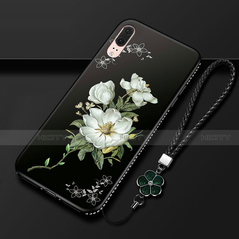 Custodia Silicone Gel Morbida Fiori Cover K03 per Huawei P20 Bianco