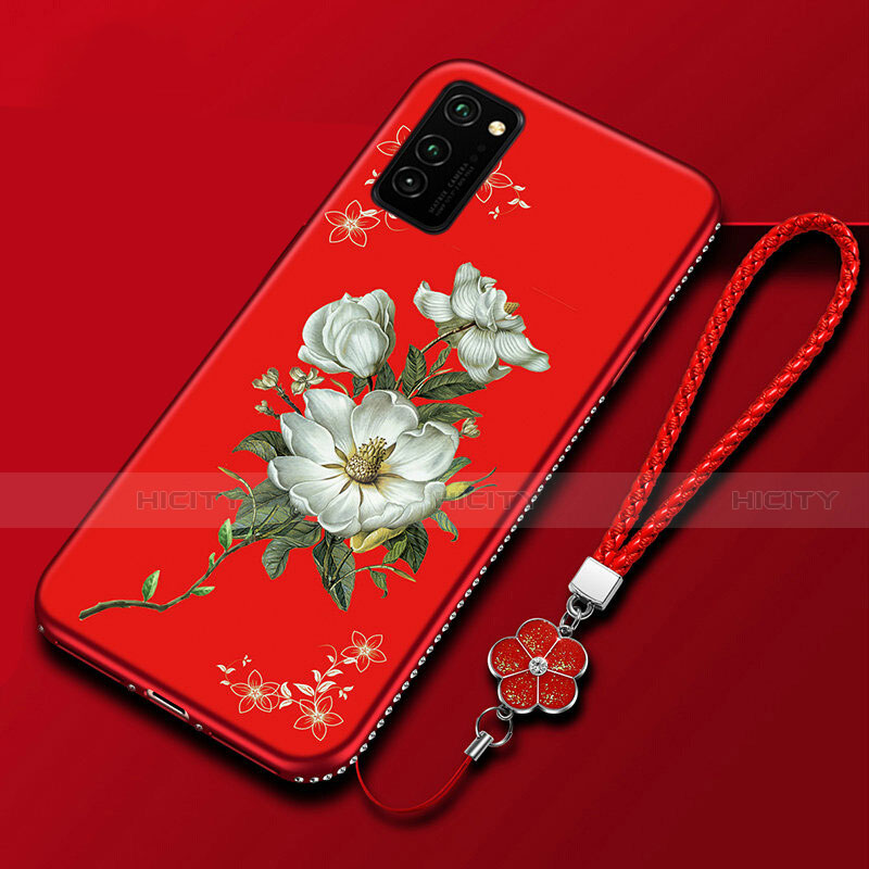 Custodia Silicone Gel Morbida Fiori Cover per Huawei Honor V30 Pro 5G Rosso