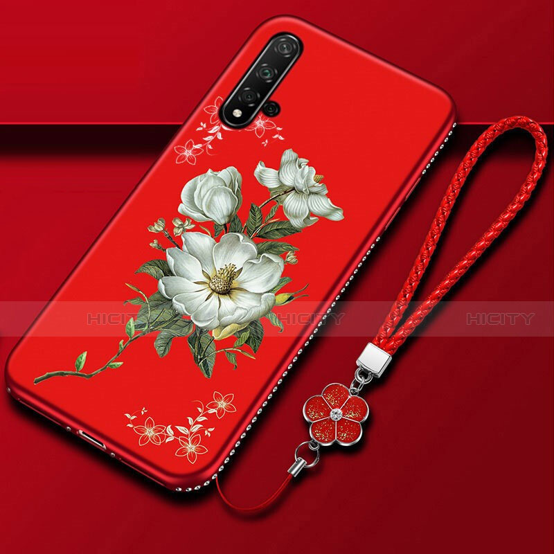 Custodia Silicone Gel Morbida Fiori Cover per Huawei Nova 5 Pro Rosso