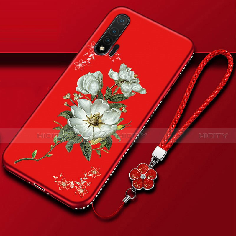 Custodia Silicone Gel Morbida Fiori Cover per Huawei Nova 6 5G Rosso