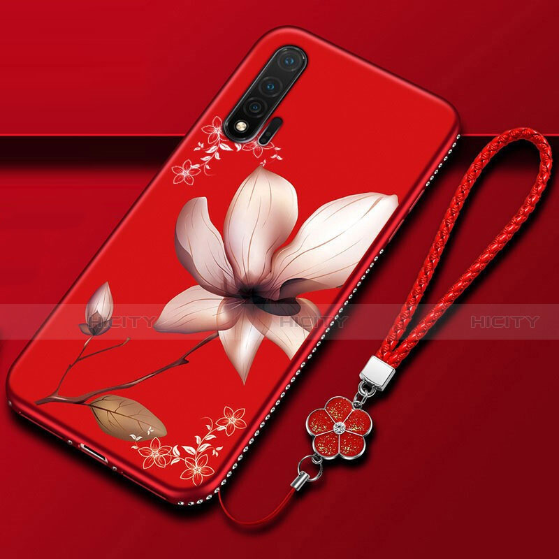 Custodia Silicone Gel Morbida Fiori Cover per Huawei Nova 6 Rosso Rosa