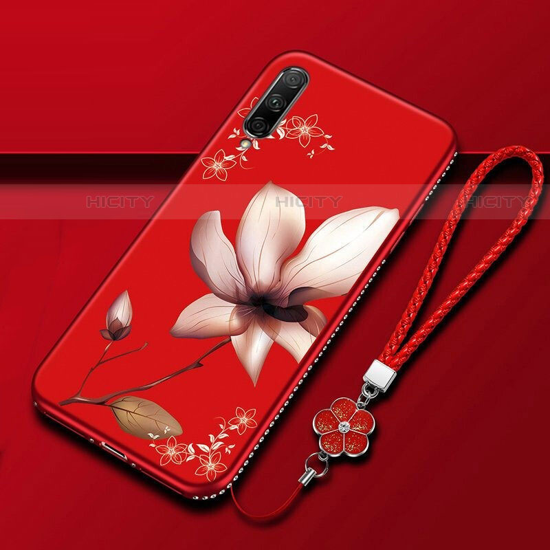 Custodia Silicone Gel Morbida Fiori Cover per Huawei P Smart Pro (2019) Rosso Rosa