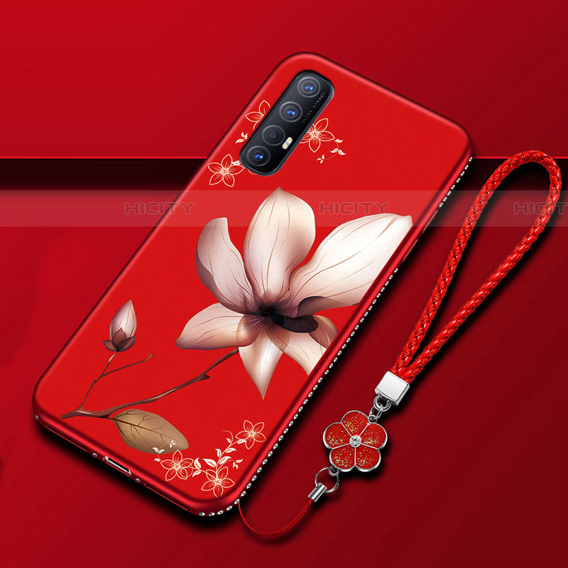 Custodia Silicone Gel Morbida Fiori Cover per Oppo Reno3 Pro Rosso Rosa