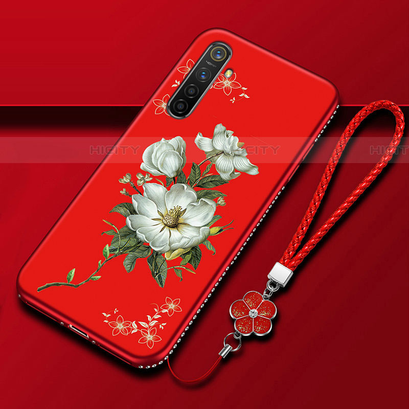 Custodia Silicone Gel Morbida Fiori Cover per Realme XT Rosso