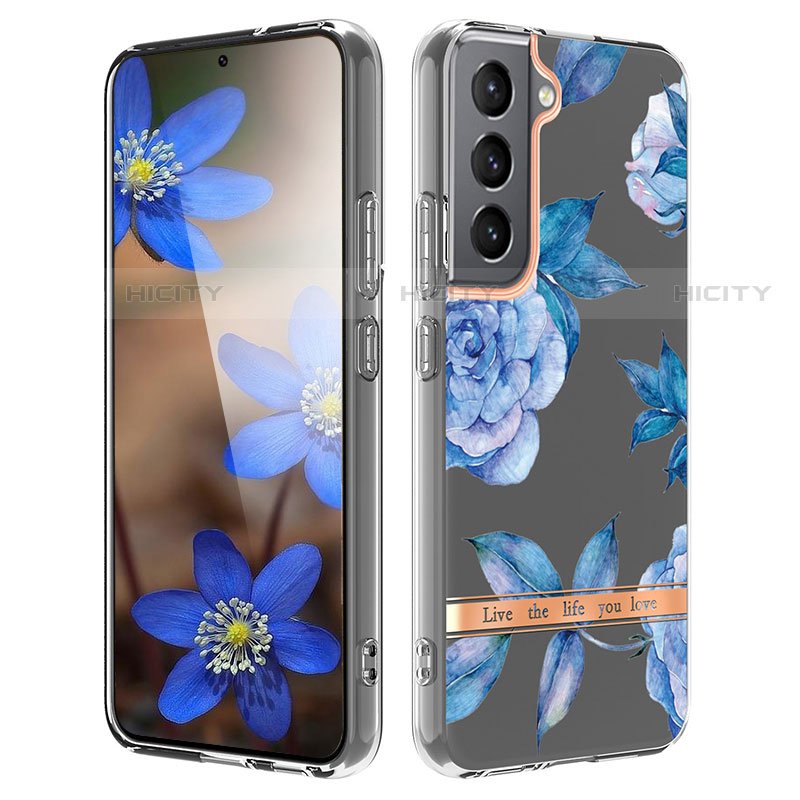 Custodia Silicone Gel Morbida Fiori Cover per Samsung Galaxy S21 FE 5G Blu