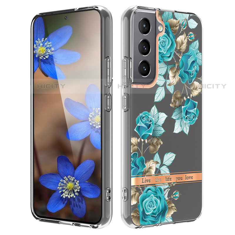 Custodia Silicone Gel Morbida Fiori Cover per Samsung Galaxy S21 FE 5G Ciano