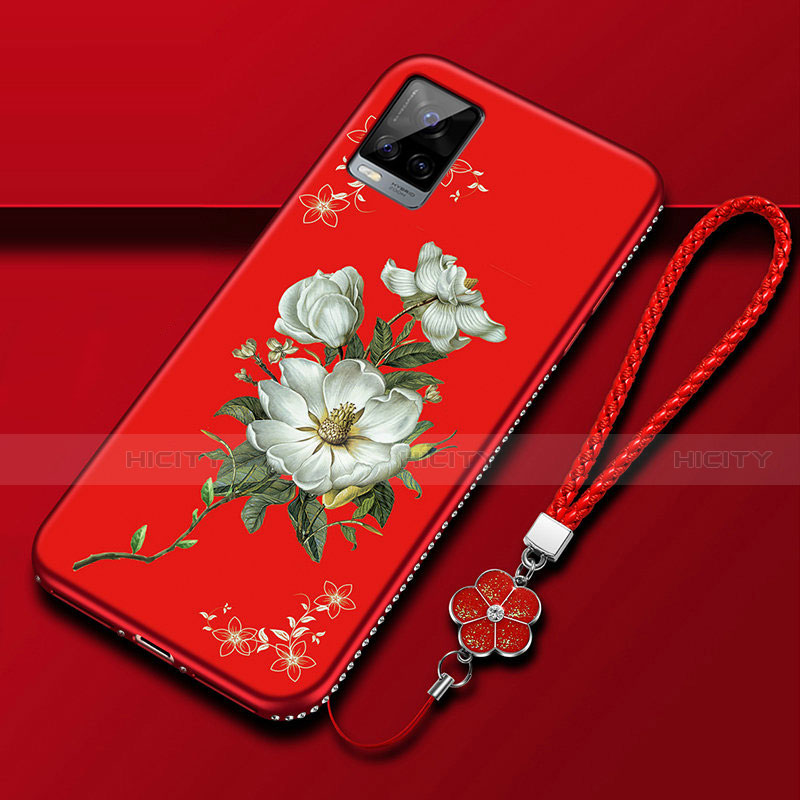 Custodia Silicone Gel Morbida Fiori Cover per Vivo V20 Pro 5G Rosso