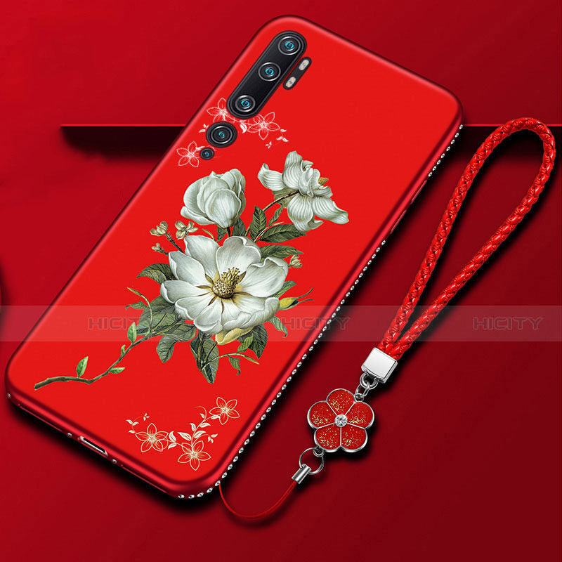 Custodia Silicone Gel Morbida Fiori Cover S01 per Xiaomi Mi Note 10 Pro Rosso