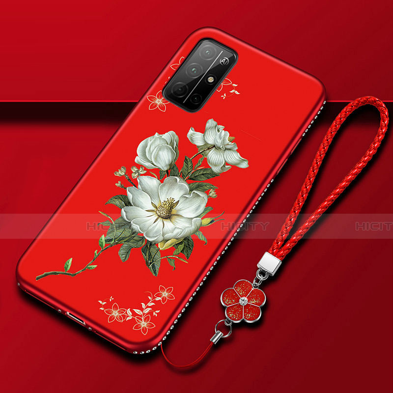 Custodia Silicone Gel Morbida Fiori Cover S02 per Huawei Honor 30S Rosso