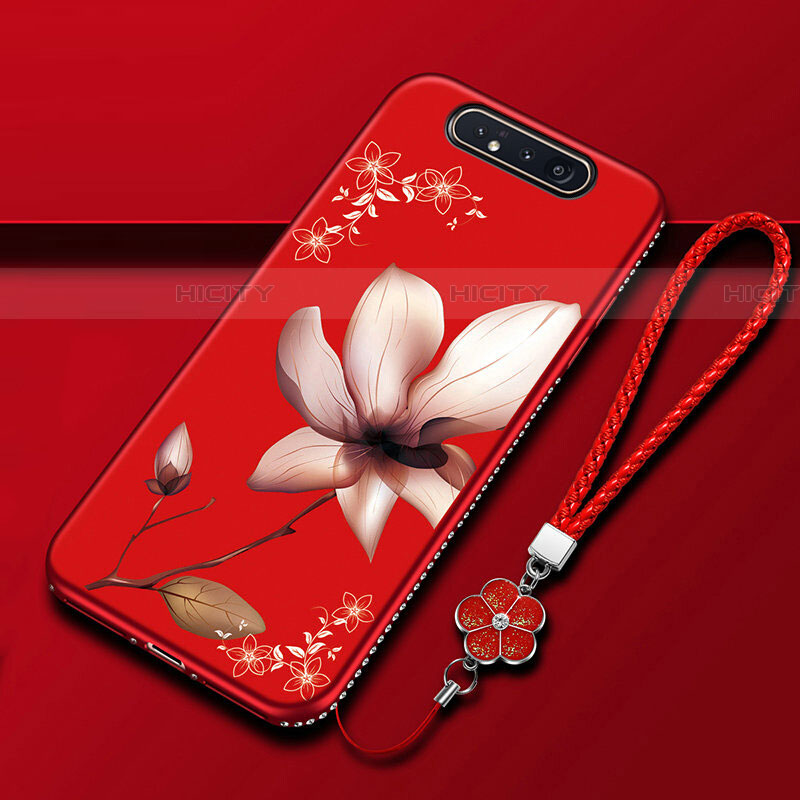 Custodia Silicone Gel Morbida Fiori Cover S06 per Samsung Galaxy A80 Rosso Rosa