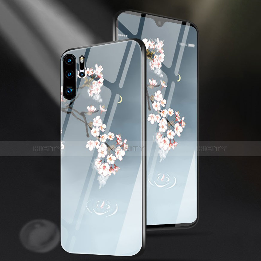 Custodia Silicone Laterale Fiori Specchio Cover per Huawei P30 Pro Cielo Blu