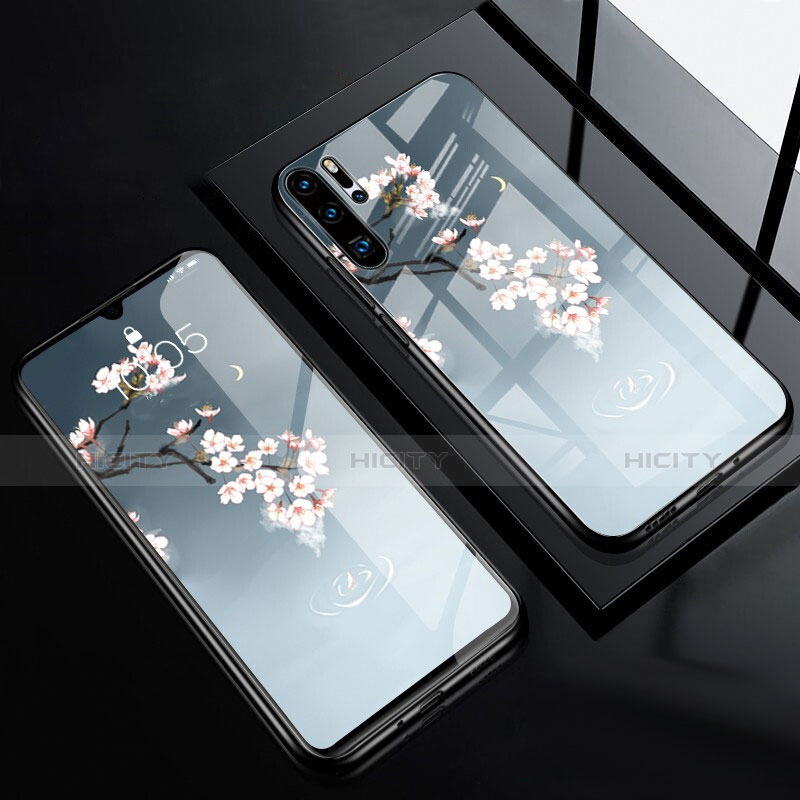 Custodia Silicone Laterale Fiori Specchio Cover per Huawei P30 Pro Cielo Blu