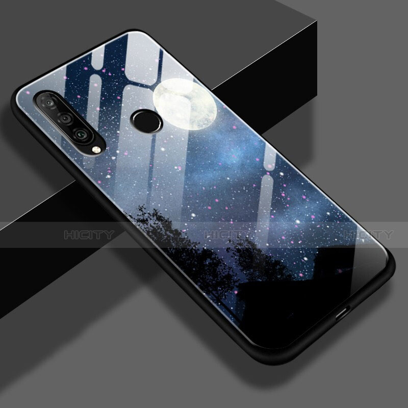 Custodia Silicone Laterale Mistica Luna Stelle Specchio Cover per Huawei P30 Lite Nero