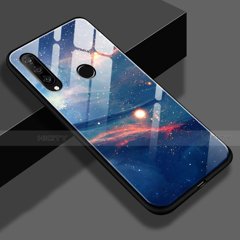 Custodia Silicone Laterale Mistica Luna Stelle Specchio Cover S02 per Huawei P30 Lite XL Blu