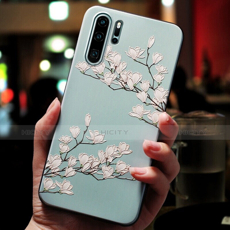 Custodia Silicone Morbida Fiori per Huawei P30 Pro New Edition Ciano