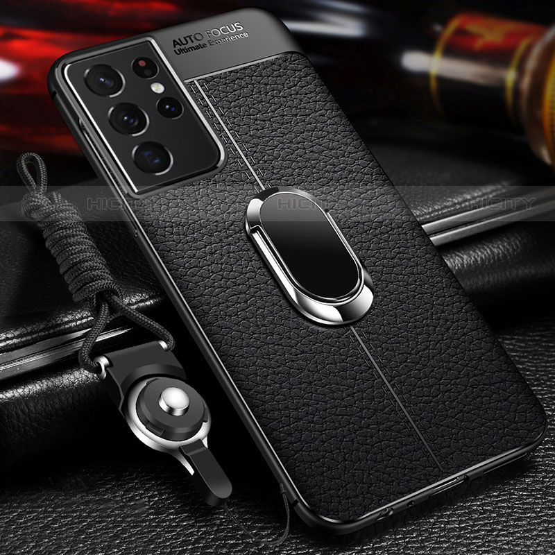 Custodia Silicone Morbida In Pelle Cover con Magnetico Anello Supporto per Samsung Galaxy S21 Ultra 5G Nero