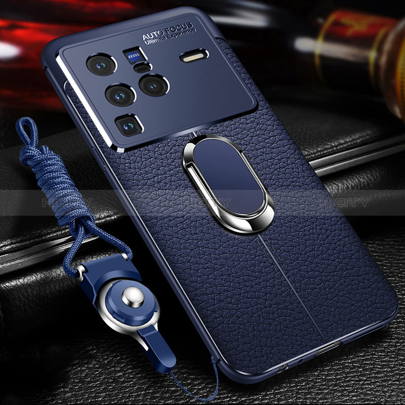 Custodia Silicone Morbida In Pelle Cover con Magnetico Anello Supporto per Vivo X80 Pro 5G Blu