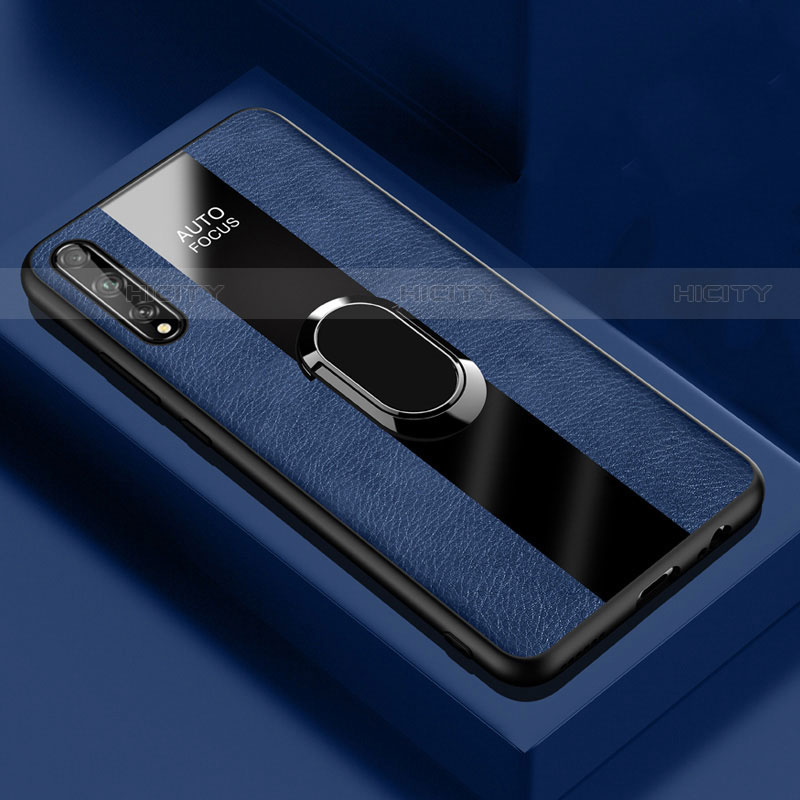 Custodia Silicone Morbida In Pelle Cover con Magnetico Anello Supporto S01 per Huawei P smart S Blu