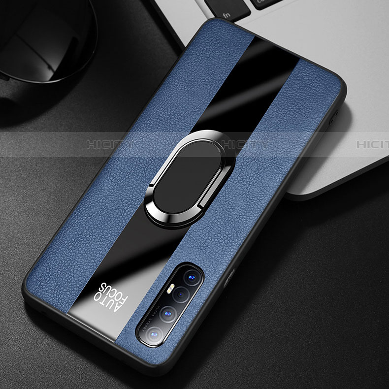 Custodia Silicone Morbida In Pelle Cover con Magnetico Anello Supporto S01 per Oppo Reno3 Pro Blu