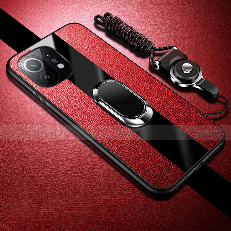 Custodia Silicone Morbida In Pelle Cover con Magnetico Anello Supporto S01 per Xiaomi Mi 11 Lite 5G Rosso