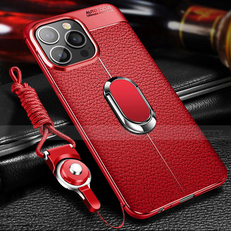 Custodia Silicone Morbida In Pelle Cover con Magnetico Anello Supporto S02 per Apple iPhone 13 Pro Rosso