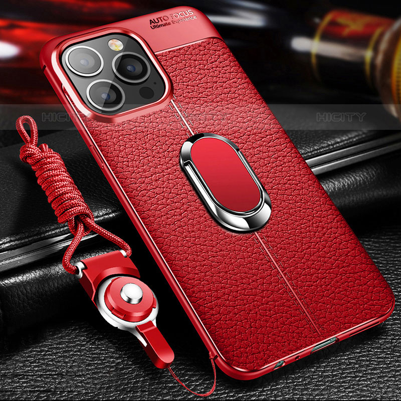 Custodia Silicone Morbida In Pelle Cover con Magnetico Anello Supporto S02 per Apple iPhone 15 Pro Rosso