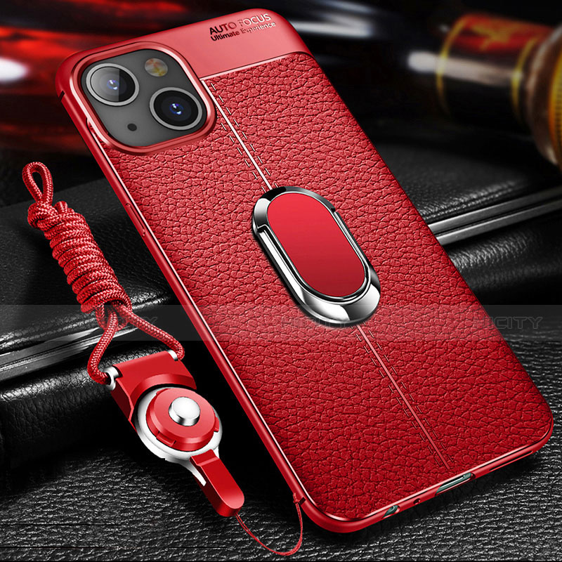 Custodia Silicone Morbida In Pelle Cover con Magnetico Anello Supporto S02 per Apple iPhone 15 Rosso