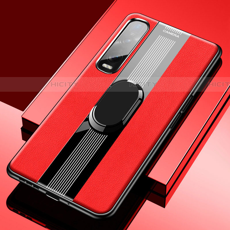 Custodia Silicone Morbida In Pelle Cover con Magnetico Anello Supporto S02 per Oppo Find X2 Pro Rosso