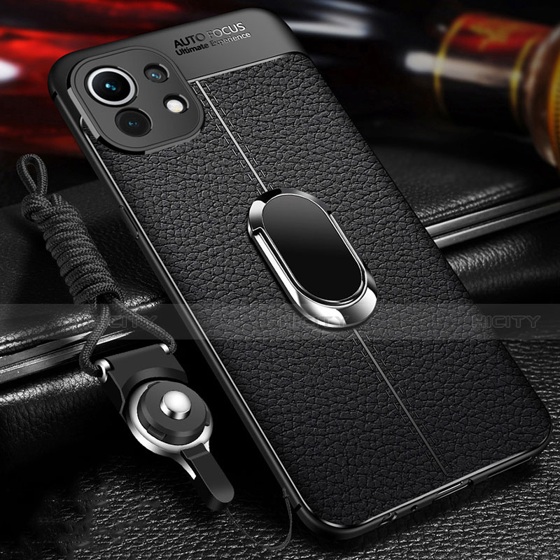 Custodia Silicone Morbida In Pelle Cover con Magnetico Anello Supporto S02 per Xiaomi Mi 11 5G Nero