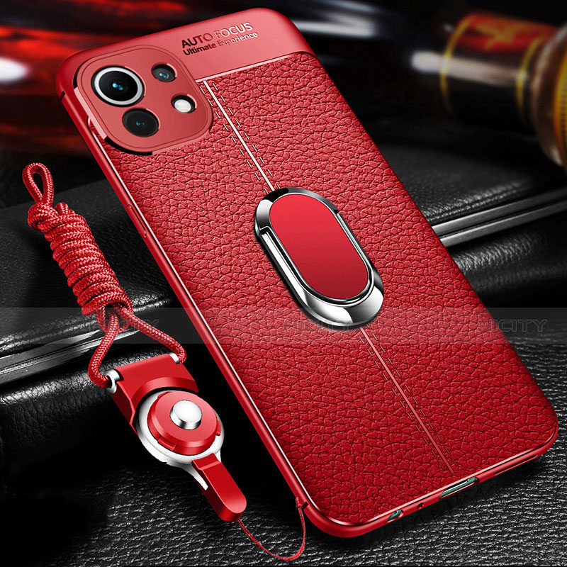 Custodia Silicone Morbida In Pelle Cover con Magnetico Anello Supporto S02 per Xiaomi Mi 11 5G Rosso