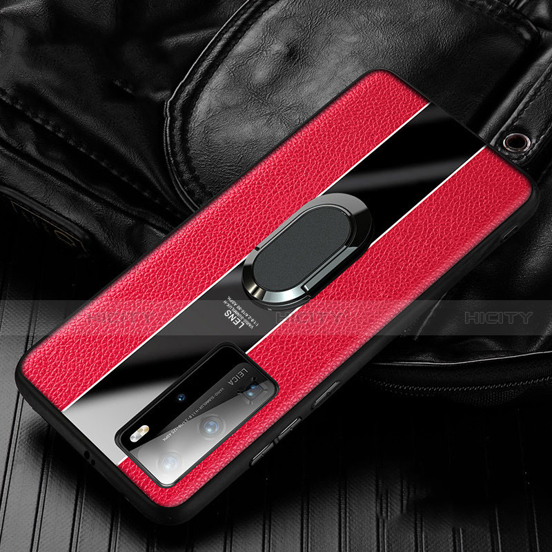 Custodia Silicone Morbida In Pelle Cover con Magnetico Anello Supporto S04 per Huawei P40 Pro Rosso