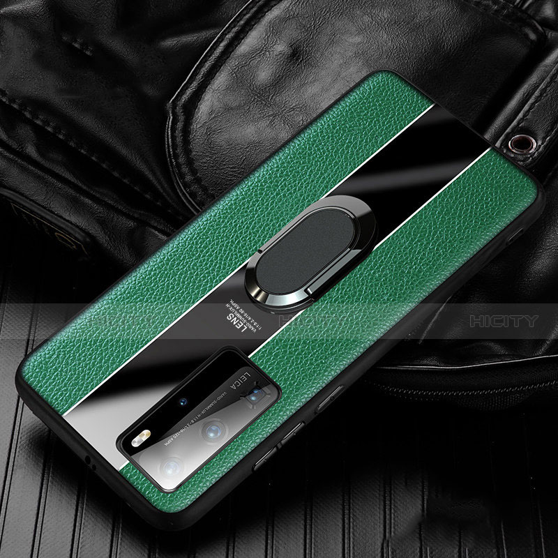 Custodia Silicone Morbida In Pelle Cover con Magnetico Anello Supporto S04 per Huawei P40 Pro Verde