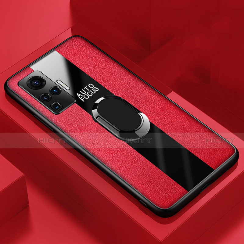 Custodia Silicone Morbida In Pelle Cover con Magnetico Anello Supporto S04 per Vivo X50 Pro 5G Rosso