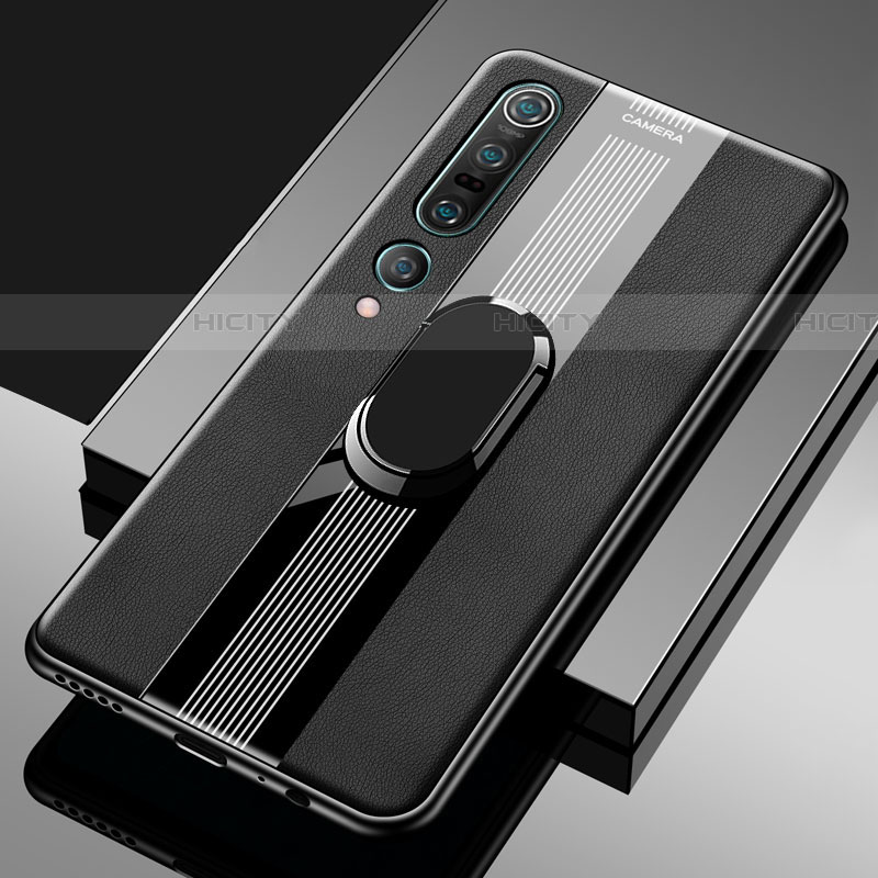 Custodia Silicone Morbida In Pelle Cover con Magnetico Anello Supporto S04 per Xiaomi Mi 10 Pro Nero