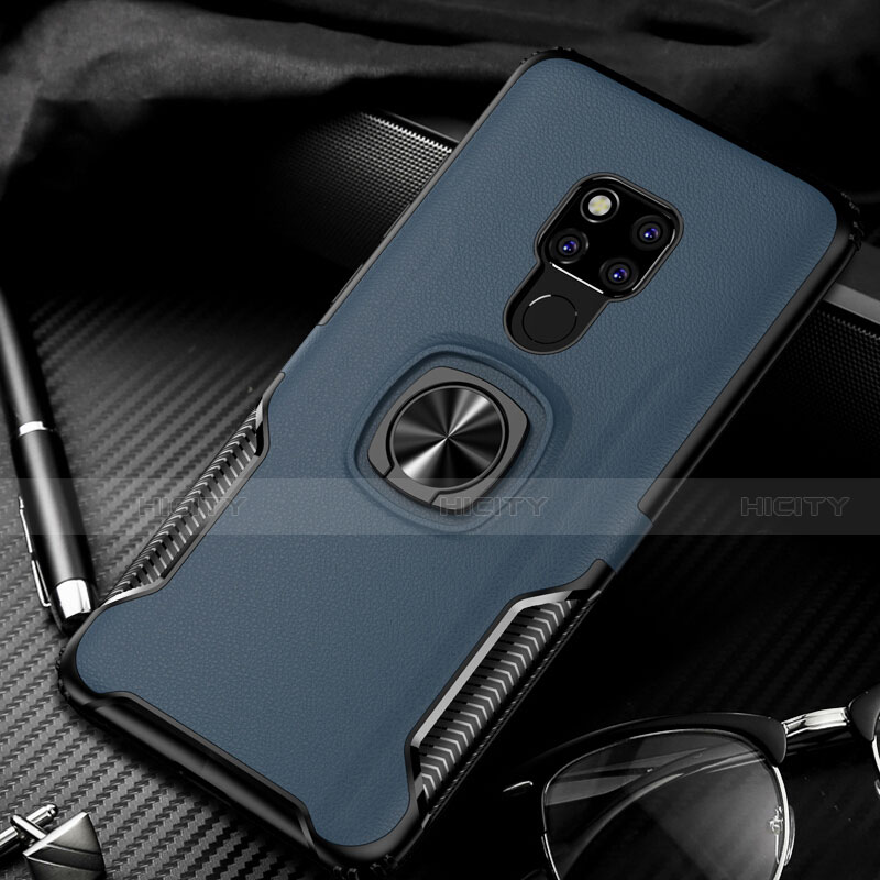 Custodia Silicone Morbida In Pelle Cover con Magnetico Anello Supporto T01 per Huawei Mate 20 Blu