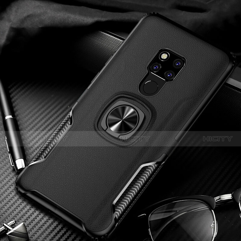 Custodia Silicone Morbida In Pelle Cover con Magnetico Anello Supporto T01 per Huawei Mate 20 Nero