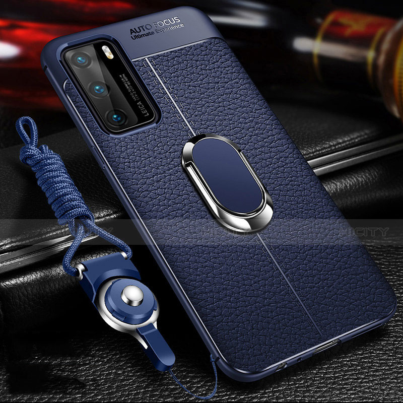 Custodia Silicone Morbida In Pelle Cover con Magnetico Anello Supporto T01 per Huawei P40 Blu