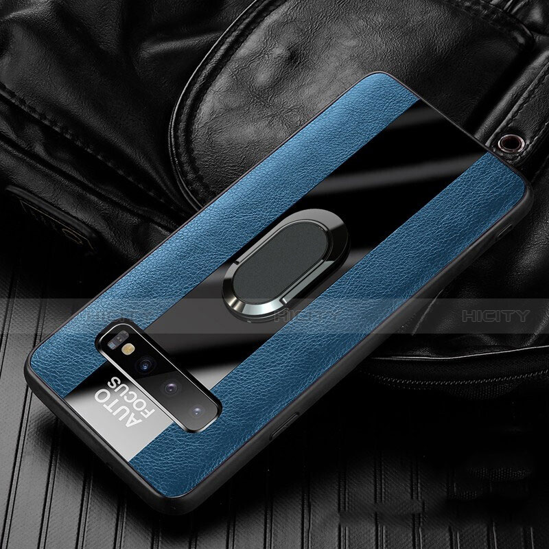 Custodia Silicone Morbida In Pelle Cover con Magnetico Anello Supporto T01 per Samsung Galaxy S10 Blu