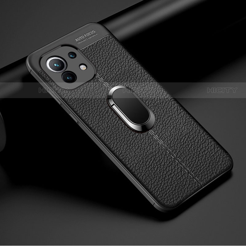 Custodia Silicone Morbida In Pelle Cover con Magnetico Anello Supporto T01 per Xiaomi Mi 11 5G Nero