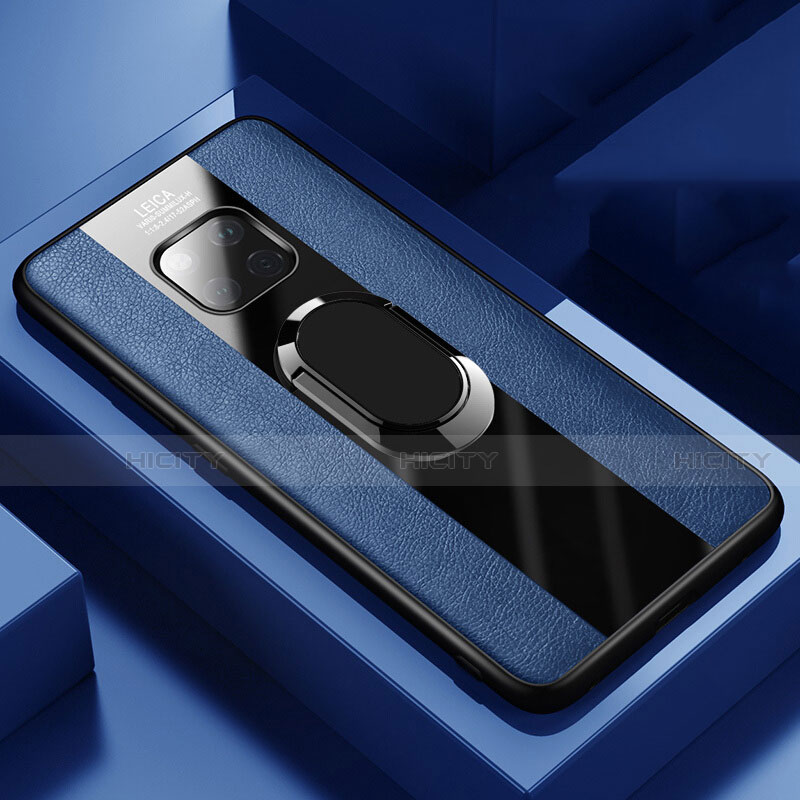 Custodia Silicone Morbida In Pelle Cover con Magnetico Anello Supporto T02 per Huawei Mate 20 Pro Blu