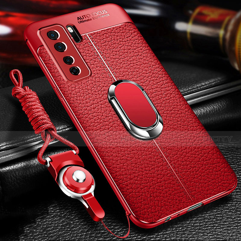 Custodia Silicone Morbida In Pelle Cover con Magnetico Anello Supporto T02 per Huawei Nova 7 SE 5G Rosso