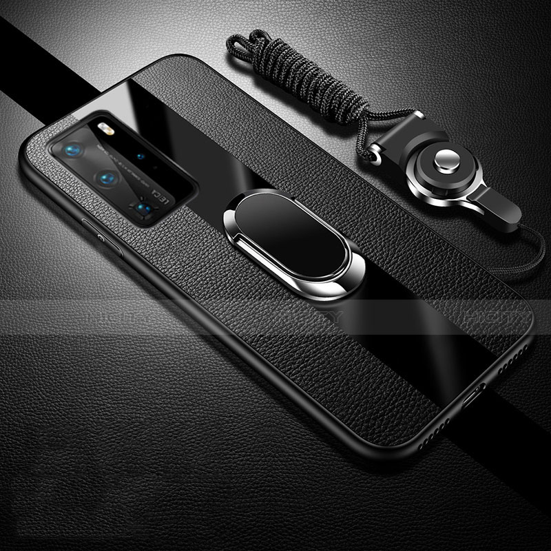 Custodia Silicone Morbida In Pelle Cover con Magnetico Anello Supporto T02 per Huawei P40 Pro Nero