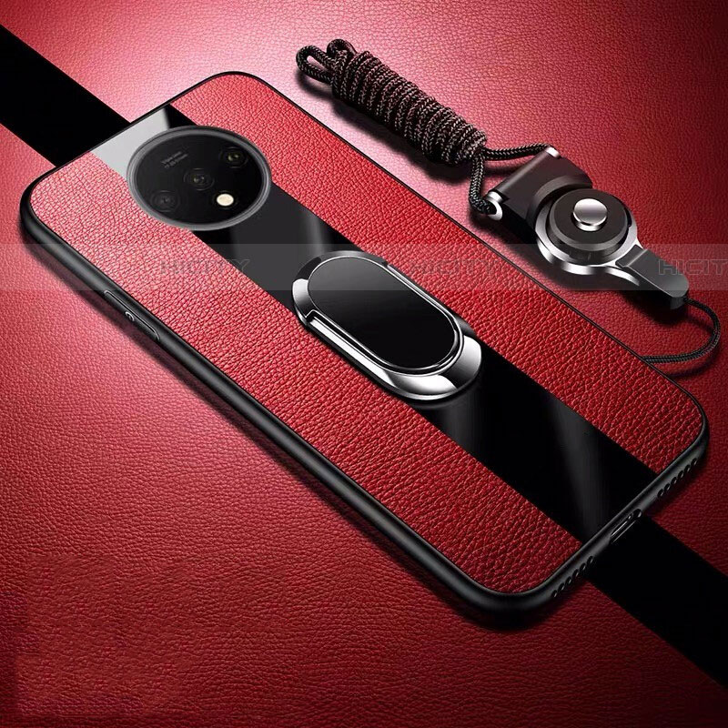 Custodia Silicone Morbida In Pelle Cover con Magnetico Anello Supporto T02 per OnePlus 7T Rosso