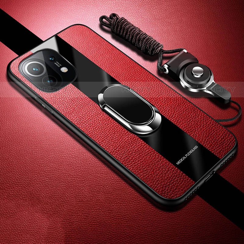 Custodia Silicone Morbida In Pelle Cover con Magnetico Anello Supporto T02 per Xiaomi Mi 11 5G Rosso