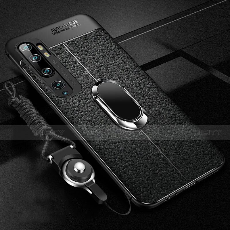 Custodia Silicone Morbida In Pelle Cover con Magnetico Anello Supporto T02 per Xiaomi Mi Note 10 Nero