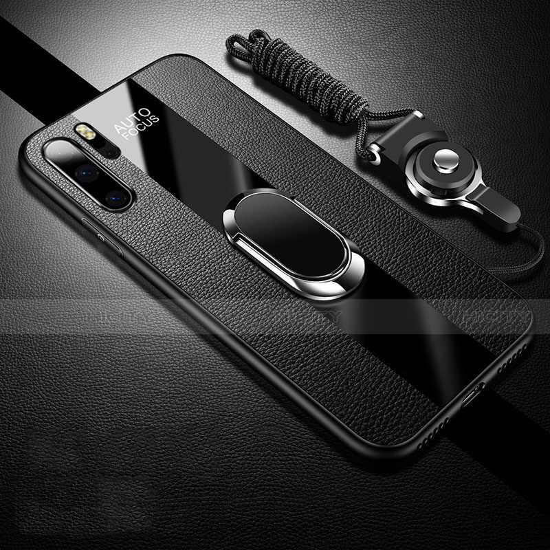 Custodia Silicone Morbida In Pelle Cover con Magnetico Anello Supporto T03 per Huawei P30 Pro Nero