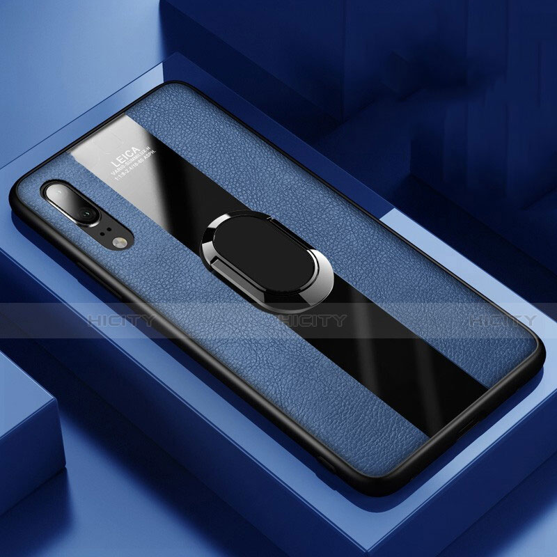 Custodia Silicone Morbida In Pelle Cover con Magnetico Anello Supporto T04 per Huawei P20 Blu